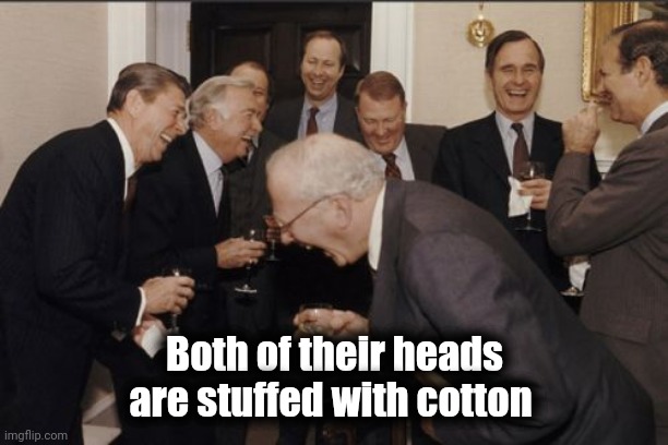 Laughing Men In Suits Meme | Both of their heads are stuffed with cotton | image tagged in memes,laughing men in suits | made w/ Imgflip meme maker