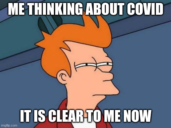 My thoughts on covid | ME THINKING ABOUT COVID; IT IS CLEAR TO ME NOW | image tagged in memes,futurama fry | made w/ Imgflip meme maker