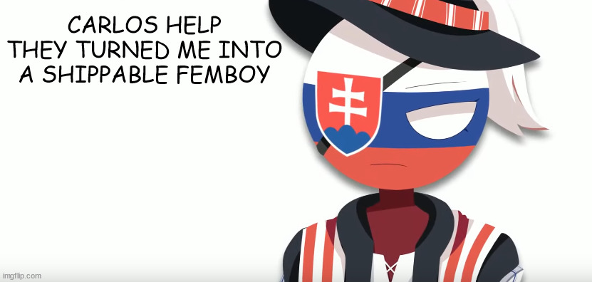 slovak countryhuman temp (mistake) | CARLOS HELP THEY TURNED ME INTO A SHIPPABLE FEMBOY | image tagged in slovak countryhuman temp mistake | made w/ Imgflip meme maker