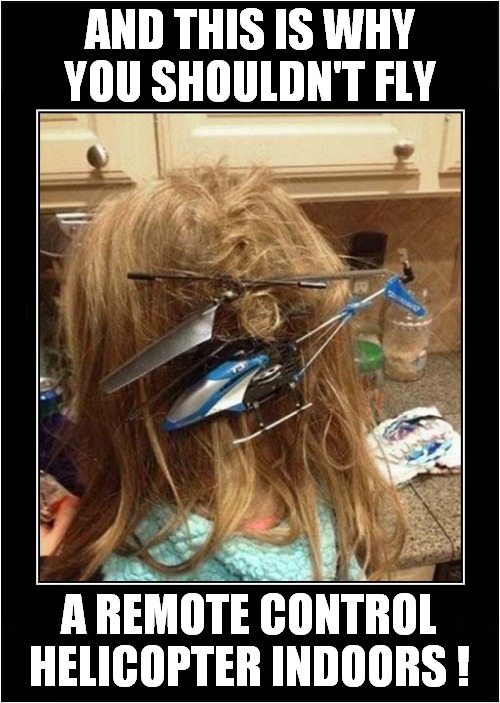 Unwanted Hair Accessory ! |  AND THIS IS WHY
YOU SHOULDN'T FLY; A REMOTE CONTROL HELICOPTER INDOORS ! | image tagged in fun,remote control,helicopter,bad hair day | made w/ Imgflip meme maker
