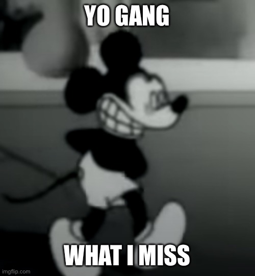 YO GANG; WHAT I MISS | image tagged in suicide mouse | made w/ Imgflip meme maker