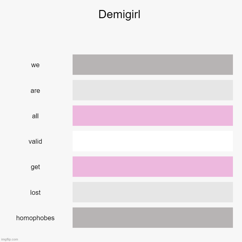 demigirl stuff | Demigirl | we, are, all, valid, get, lost, homophobes | image tagged in charts,bar charts | made w/ Imgflip chart maker