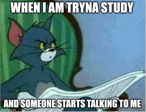 Interrupting Tom's Read | WHEN I AM TRYNA STUDY; AND SOMEONE STARTS TALKING TO ME | image tagged in interrupting tom's read | made w/ Imgflip meme maker
