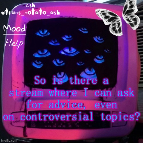 Help; So is there a stream where I can ask for advice, even on controversial topics? | image tagged in ash | made w/ Imgflip meme maker