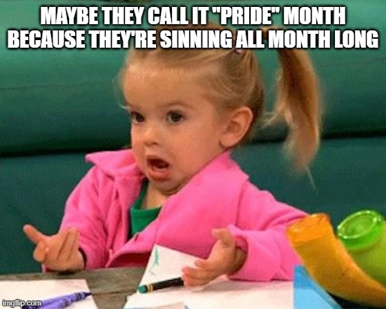 I don't know (Good Luck Charlie) | MAYBE THEY CALL IT "PRIDE" MONTH BECAUSE THEY'RE SINNING ALL MONTH LONG | image tagged in i don't know good luck charlie | made w/ Imgflip meme maker