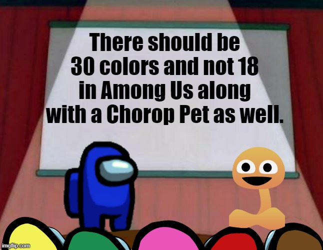 Color and Chorop Pet Prediction for Among Us | There should be 30 colors and not 18 in Among Us along with a Chorop Pet as well. | image tagged in among us lisa presentation,among us,rasgunos | made w/ Imgflip meme maker