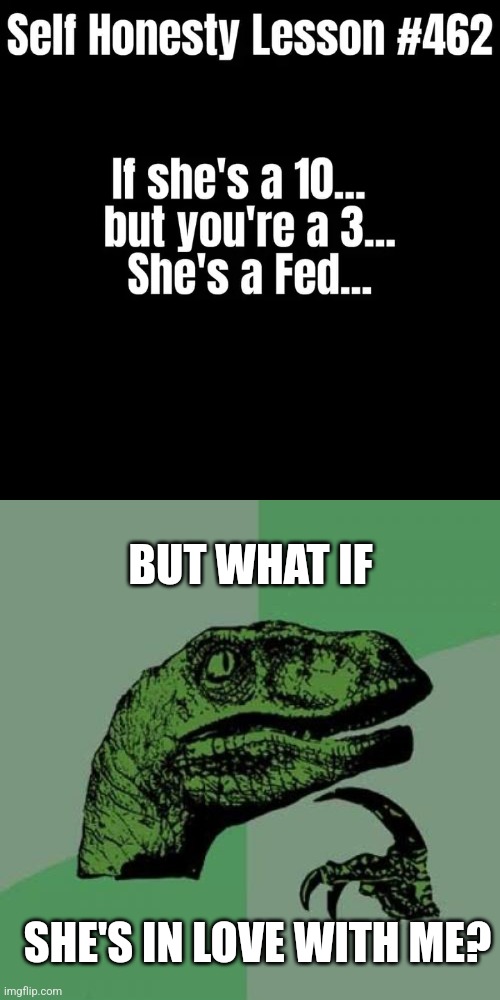 BUT WHAT IF; SHE'S IN LOVE WITH ME? | image tagged in memes,philosoraptor | made w/ Imgflip meme maker