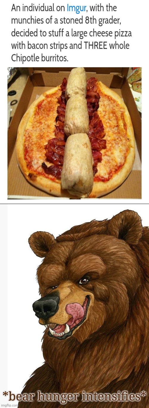 Wow, looking so delicious | image tagged in bear hunger intensifies,pizza,bacon,chipotle burritos,memes,foods | made w/ Imgflip meme maker
