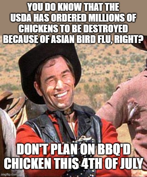 But there is plenty of the other white meat, possom and armadillos. | YOU DO KNOW THAT THE USDA HAS ORDERED MILLIONS OF CHICKENS TO BE DESTROYED BECAUSE OF ASIAN BIRD FLU, RIGHT? DON'T PLAN ON BBQ'D CHICKEN THIS 4TH OF JULY | image tagged in cowboy | made w/ Imgflip meme maker