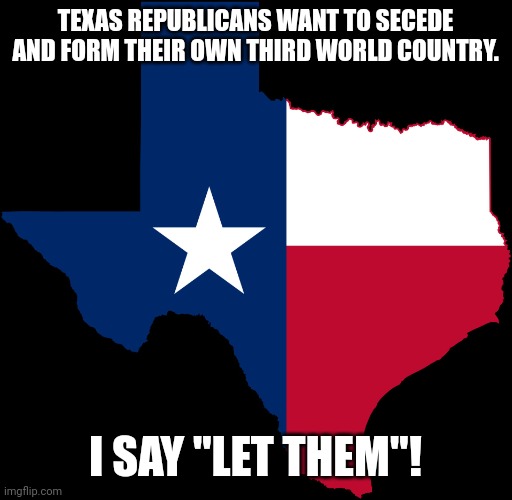 Textupid | TEXAS REPUBLICANS WANT TO SECEDE AND FORM THEIR OWN THIRD WORLD COUNTRY. I SAY "LET THEM"! | image tagged in conservative,republican,texas,trump,liberal,election | made w/ Imgflip meme maker