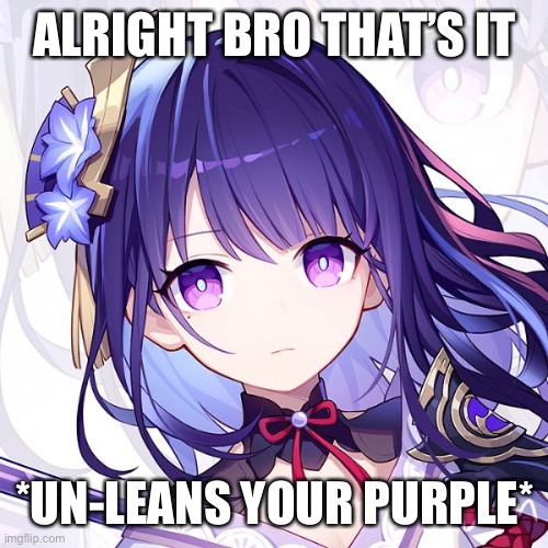 Raiden Shogun | ALRIGHT BRO THAT’S IT; *UN-LEANS YOUR PURPLE* | image tagged in raiden shogun | made w/ Imgflip meme maker