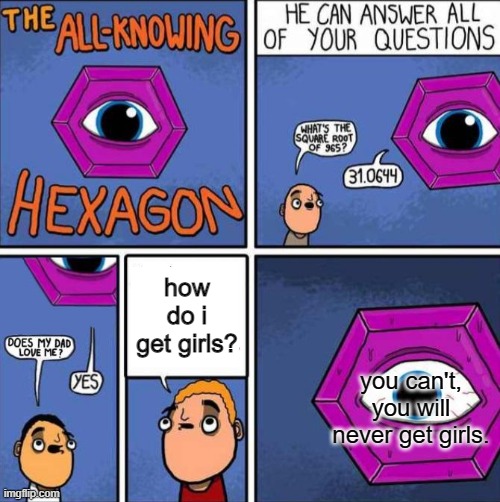 lol | how do i get girls? you can't, you will never get girls. | image tagged in all knowing hexagon original | made w/ Imgflip meme maker