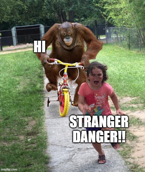 Orangutan chasing girl on a tricycle |  HI; STRANGER DANGER!! | image tagged in orangutan chasing girl on a tricycle | made w/ Imgflip meme maker