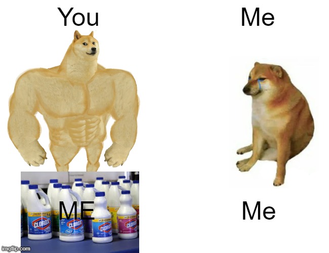 Buff Doge vs. Cheems | You; Me; ME; Me | image tagged in memes,buff doge vs cheems | made w/ Imgflip meme maker