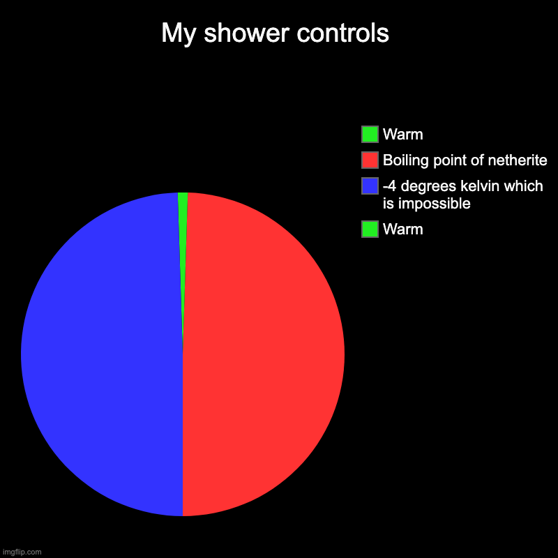 My shower controls | Warm, -4 degrees kelvin which is impossible, Boiling point of netherite, Warm | image tagged in charts,pie charts | made w/ Imgflip chart maker