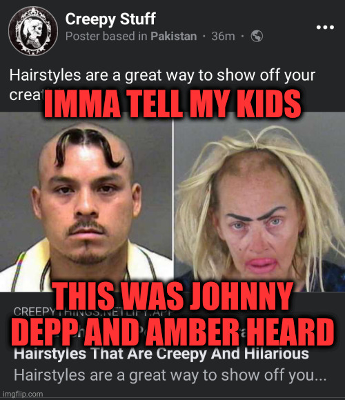 Johnny Derp | IMMA TELL MY KIDS; THIS WAS JOHNNY DEPP AND AMBER HEARD | image tagged in johnny depp,amber heard,mugshot,offensive,bad hair,bad hair day | made w/ Imgflip meme maker
