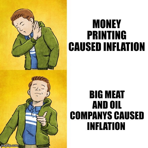 Ethan No Yes | MONEY PRINTING CAUSED INFLATION; BIG MEAT AND OIL COMPANYS CAUSED INFLATION | image tagged in ethan no yes | made w/ Imgflip meme maker