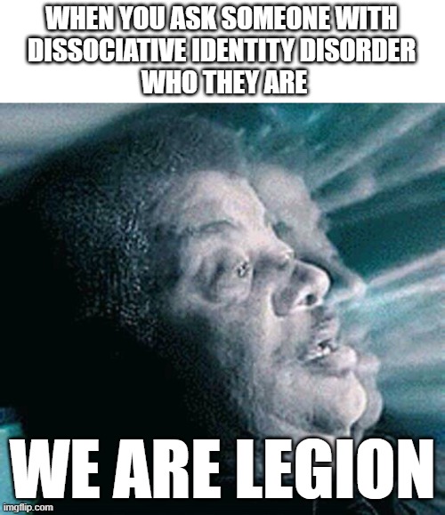 WE ARE LEGION |  WHEN YOU ASK SOMEONE WITH
DISSOCIATIVE IDENTITY DISORDER
 WHO THEY ARE; WE ARE LEGION | image tagged in neil degrasse tyson,we are legion | made w/ Imgflip meme maker