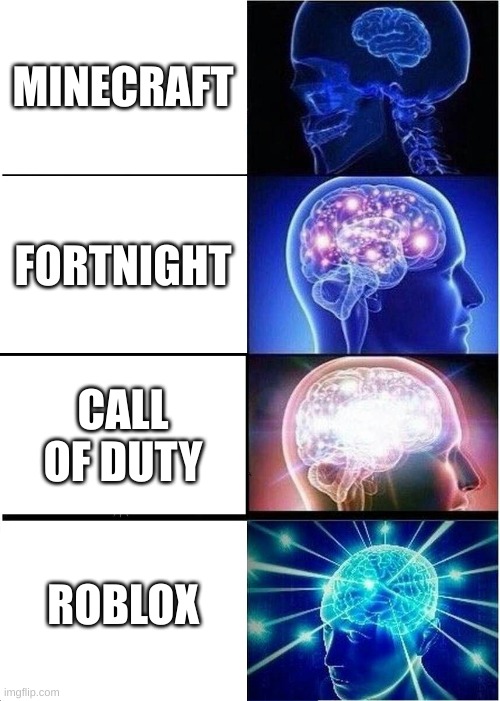 Expanding Brain | MINECRAFT; FORTNIGHT; CALL OF DUTY; ROBLOX | image tagged in memes,expanding brain | made w/ Imgflip meme maker