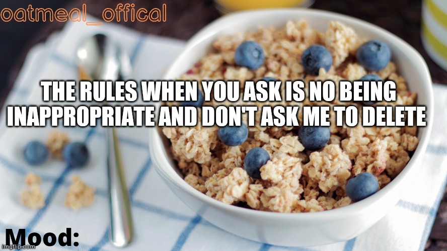 The Oat Temp | THE RULES WHEN YOU ASK IS NO BEING INAPPROPRIATE AND DON'T ASK ME TO DELETE | image tagged in the oat temp | made w/ Imgflip meme maker