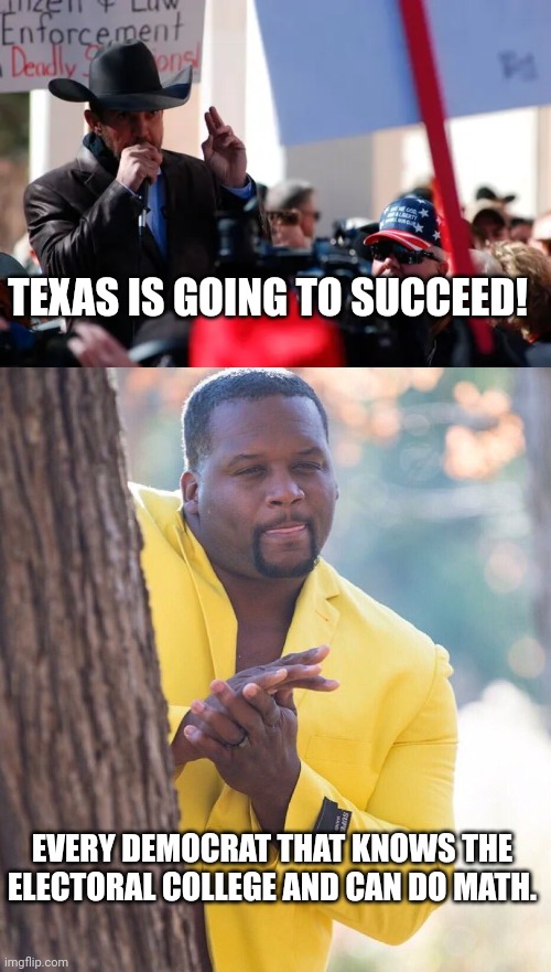Oh no, don't do that, Texas | TEXAS IS GOING TO SUCCEED! EVERY DEMOCRAT THAT KNOWS THE ELECTORAL COLLEGE AND CAN DO MATH. | image tagged in black guy hiding behind tree | made w/ Imgflip meme maker