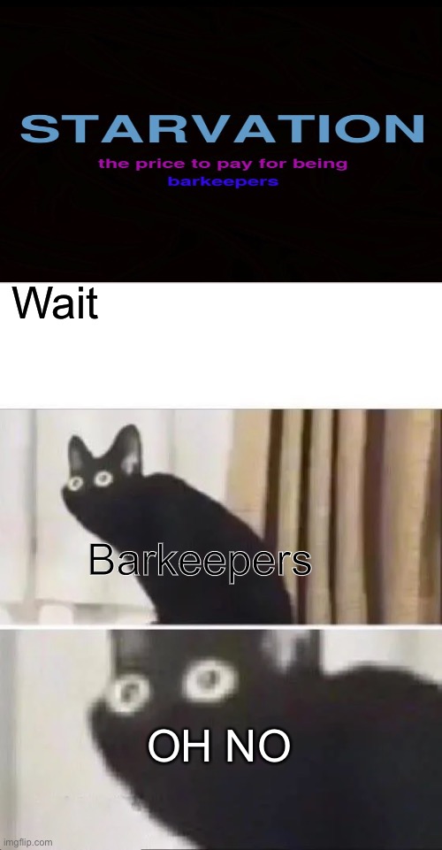 on no | Wait; Barkeepers; OH NO | image tagged in oh no black cat | made w/ Imgflip meme maker