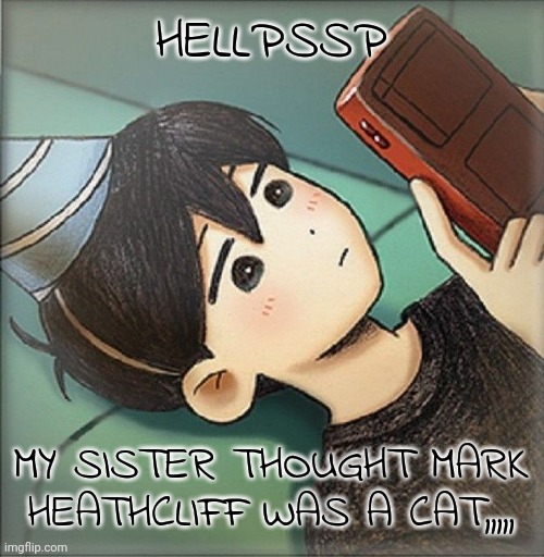Maybe because I showed her this???: https://imgflip.com/i/6kc4p0 | HELLPSSP; MY SISTER THOUGHT MARK HEATHCLIFF WAS A CAT,,,,, | image tagged in sunny | made w/ Imgflip meme maker