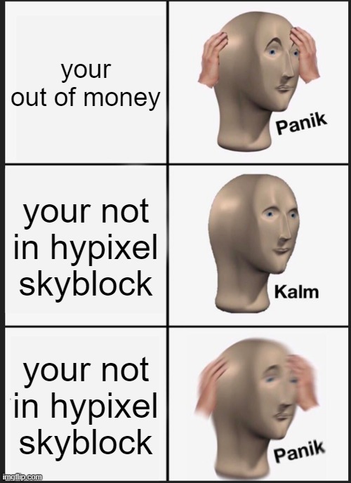 life be like | your out of money; your not in hypixel skyblock; your not in hypixel skyblock | image tagged in memes,panik kalm panik | made w/ Imgflip meme maker