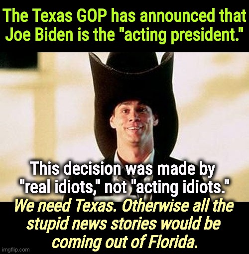 The Texas GOP has announced that Joe Biden is the "acting president."; This decision was made by 
"real idiots," not "acting idiots."; We need Texas. Otherwise all the 
stupid news stories would be 
coming out of Florida. | image tagged in texas,gop,real,idiots | made w/ Imgflip meme maker