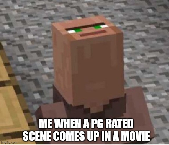 Sheesh | ME WHEN A PG RATED SCENE COMES UP IN A MOVIE | image tagged in minecraft villager looking up | made w/ Imgflip meme maker