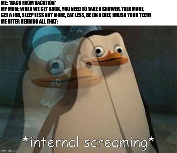 Private Internal Screaming | ME: *BACK FROM VACATION*
MY MOM: WHEN WE GET BACK, YOU NEED TO TAKE A SHOWER, TALK MORE,
GET A JOB, SLEEP LESS NOT MORE, EAT LESS, BE ON A DIET, BRUSH YOUR TEETH
ME AFTER HEARING ALL THAT: | image tagged in private internal screaming,memes,meme,funny,fun,relatable | made w/ Imgflip meme maker