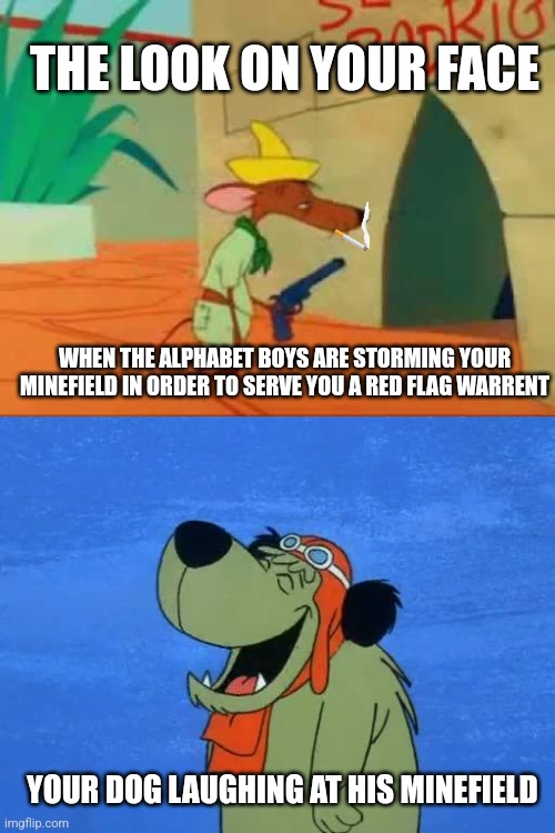 THE LOOK ON YOUR FACE; WHEN THE ALPHABET BOYS ARE STORMING YOUR MINEFIELD IN ORDER TO SERVE YOU A RED FLAG WARRENT; YOUR DOG LAUGHING AT HIS MINEFIELD | image tagged in muttley | made w/ Imgflip meme maker