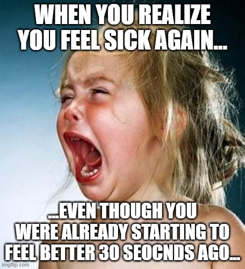 sick meme lol | WHEN YOU REALIZE YOU FEEL SICK AGAIN... ...EVEN THOUGH YOU WERE ALREADY STARTING TO FEEL BETTER 30 SEOCNDS AGO... | image tagged in internet tantrum | made w/ Imgflip meme maker