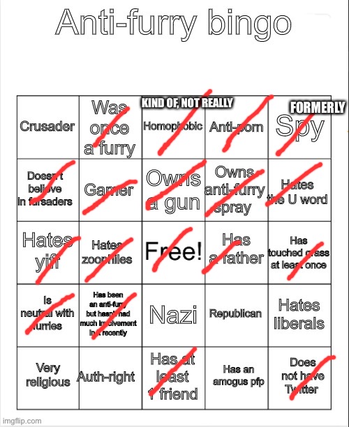 Anti-Furry bingo | KIND OF, NOT REALLY; FORMERLY | image tagged in anti-furry bingo | made w/ Imgflip meme maker