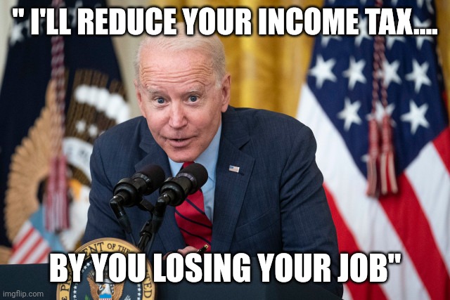 Bidenomics | " I'LL REDUCE YOUR INCOME TAX.... BY YOU LOSING YOUR JOB" | image tagged in biden whisper | made w/ Imgflip meme maker