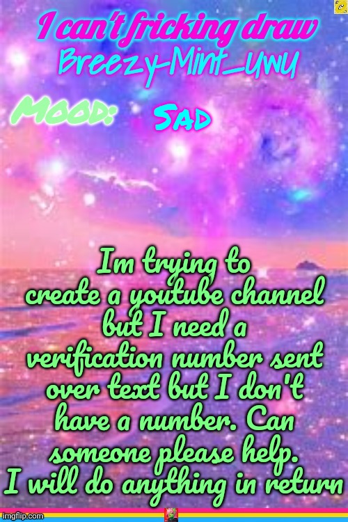 Breezy | Sad; Im trying to create a youtube channel but I need a verification number sent over text but I don't have a number. Can someone please help. I will do anything in return | image tagged in breezy | made w/ Imgflip meme maker