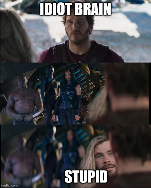 The Thor: Love and Thunder version of the Boys' quote | IDIOT BRAIN; STUPID | image tagged in thor love and thunder,the boys | made w/ Imgflip meme maker