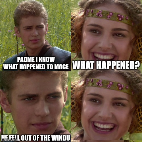 star wars memes | PADME I KNOW WHAT HAPPENED TO MACE; WHAT HAPPENED? HE FELL OUT OF THE WINDU | image tagged in anakin padme 4 panel | made w/ Imgflip meme maker