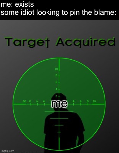 target acquired | me: exists
some idiot looking to pin the blame: me | image tagged in target acquired | made w/ Imgflip meme maker