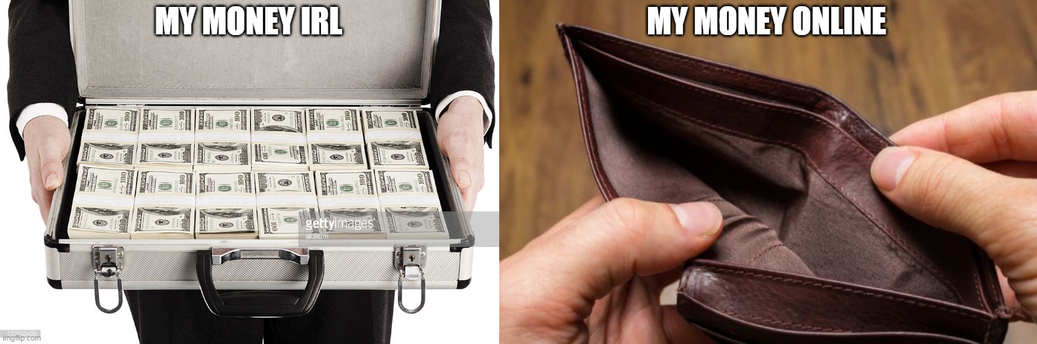 MY MONEY ONLINE; MY MONEY IRL | image tagged in briefcase full of money,empty wallet | made w/ Imgflip meme maker