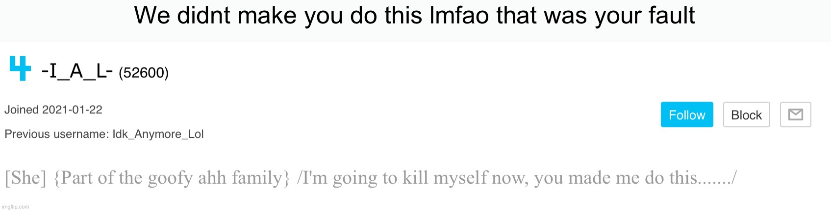 Title | We didnt make you do this lmfao that was your fault | image tagged in tag | made w/ Imgflip meme maker
