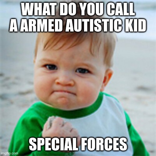 Not trying to be rude tho | WHAT DO YOU CALL A ARMED AUTISTIC KID; SPECIAL FORCES | image tagged in fist pump baby | made w/ Imgflip meme maker