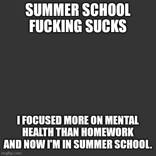 horrible schedule too | SUMMER SCHOOL FUCKING SUCKS; I FOCUSED MORE ON MENTAL HEALTH THAN HOMEWORK AND NOW I'M IN SUMMER SCHOOL. | image tagged in summer school | made w/ Imgflip meme maker
