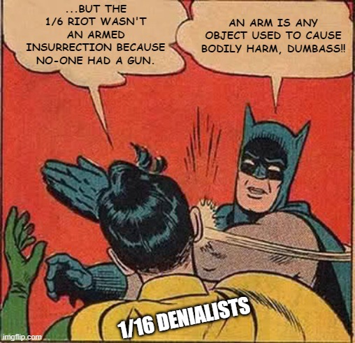 There's nothing the cult won't try to deny it was an insurrection | ...BUT THE 1/6 RIOT WASN'T AN ARMED INSURRECTION BECAUSE NO-ONE HAD A GUN. AN ARM IS ANY OBJECT USED TO CAUSE BODILY HARM, DUMBASS!! 1/16 DENIALISTS | image tagged in memes,batman slapping robin | made w/ Imgflip meme maker