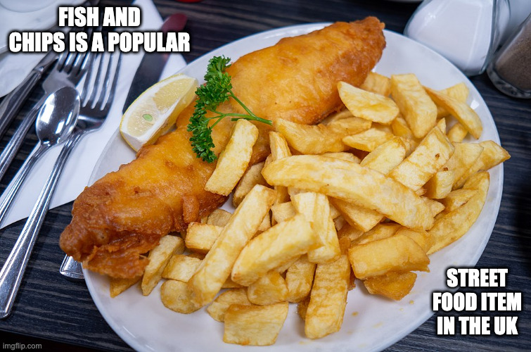Fish and Chips | FISH AND CHIPS IS A POPULAR; STREET FOOD ITEM IN THE UK | image tagged in food,fish,french fries,memes,fish and chips | made w/ Imgflip meme maker