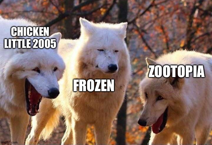 Laughing wolf | CHICKEN LITTLE 2005; ZOOTOPIA; FROZEN | image tagged in laughing wolf | made w/ Imgflip meme maker