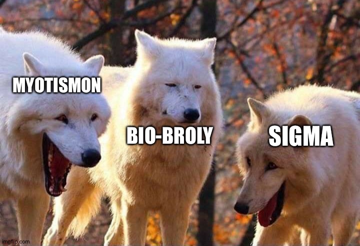 Laughing wolf | MYOTISMON; SIGMA; BIO-BROLY | image tagged in laughing wolf | made w/ Imgflip meme maker