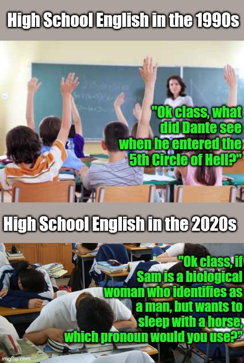 Remember when reading, writing, and arithmetic were considered essential to a basic education? Me neither... |  High School English in the 1990s; "Ok class, what did Dante see when he entered the 5th Circle of Hell?"; High School English in the 2020s; "Ok class, if Sam is a biological woman who identifies as a man, but wants to sleep with a horse, which pronoun would you use?" | image tagged in classroom,english teachers,educational,epic fail,learning,bad ideas | made w/ Imgflip meme maker