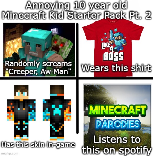 A part 2 because why not | Annoying 10 year old Minecraft Kid Starter Pack Pt. 2; Randomly screams "Creeper, Aw Man"; Wears this shirt; Listens to this on spotify; Has this skin in-game | image tagged in memes,blank starter pack | made w/ Imgflip meme maker