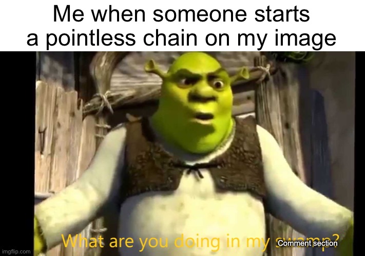 What are you doing in my swamp? | Me when someone starts a pointless chain on my image; Comment section | image tagged in what are you doing in my swamp | made w/ Imgflip meme maker